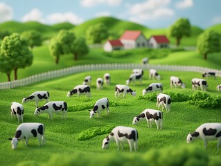A serene 3D illustration of an organic dairy farm with cows grazing peacefully on lush green pasture