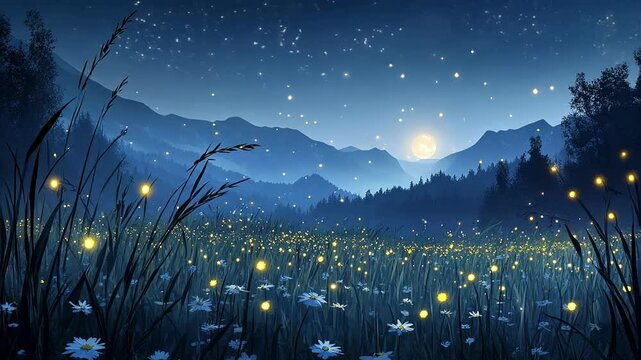 Seamless Looping Night Meadow with Fireflies and Moonlit Sky