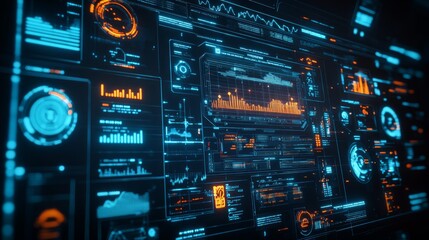 Fototapeta premium Futuristic data dashboard displaying various analytics and metrics in neon colors.