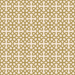 Vector geometric seamless pattern with medieval motifs. Abstract ornament texture in gothic style. Simple golden background with cross shapes, floral silhouettes, lattice, grid. Repeated retro design