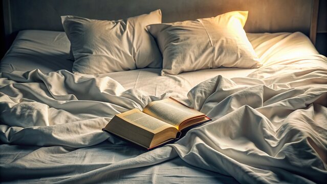 Intimate bed scene with crumpled sheets, pillows, and a strategically placed Bible, conveying a sense of passionate devotion and spirituality.