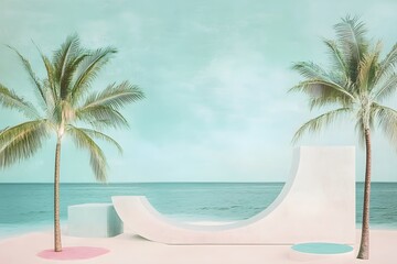tropical beach scene with palm trees and chaise lounge