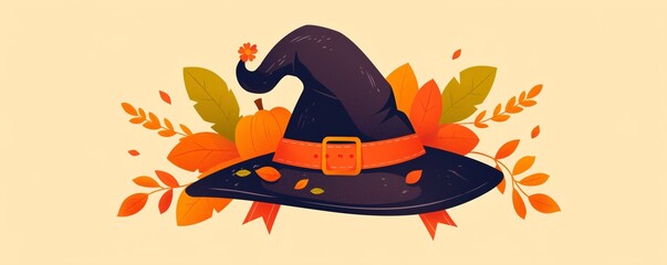 Witch hat with autumn leaves on beige background. Thanksgiving Day and Harvest festival. Halloween celebration. Fall holiday concept. Flat illustration design for greeting card, banner, poster
