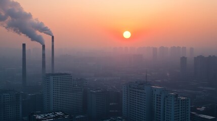 As the sun sets over a bustling metropolis, the winter air thickens with smoke from countless heating units, casting an ominous haze across the cityscape. Smokestacks pierce the skyline