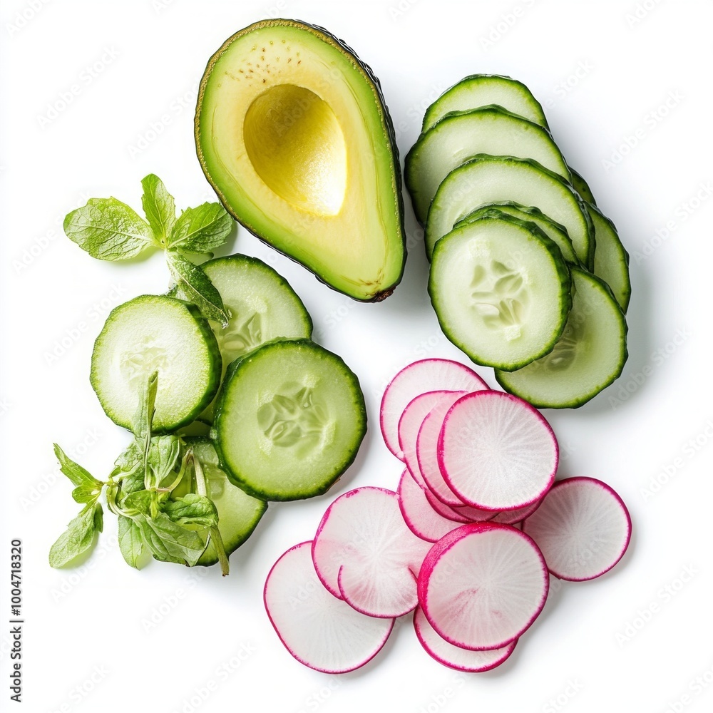 Sticker Fresh vegetables on a white background. Sliced cucumbers, radishes, and a creamy avocado. Ideal for healthy eating, cooking inspiration, or a vibrant kitchen aesthetic. AI