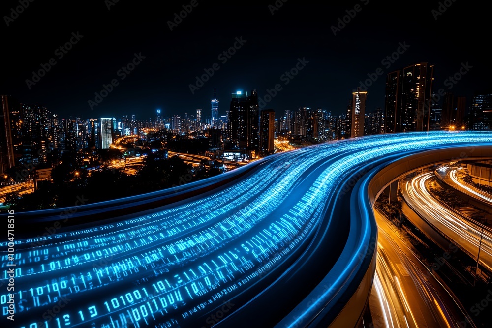 Poster A futuristic cityscape with encrypted digital data streams, representing anonymous communication in a high-tech, advanced society