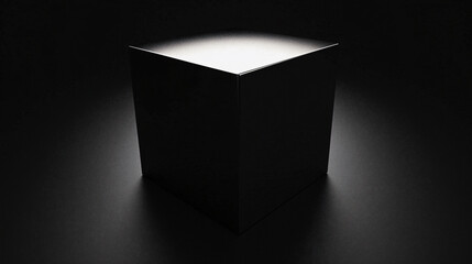Abstract. A black cube with a light source on top, creating a dramatic contrast between light and shadow