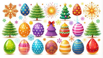 Vibrant festive holiday icons set featuring colorful vector illustrations of Christmas trees, pumpkins, Easter eggs, and fireworks on a white background.