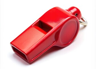 Vibrant red plastic whistle stands alone against a clean white background, its shiny surface and rounded shape commanding attention with its bold bright color.