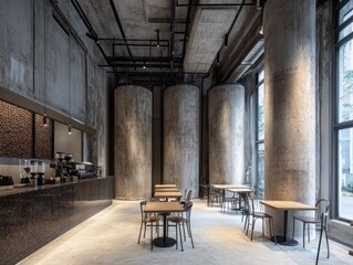 Contemporary coffee shop with transparent coffee bean containers, AI generated