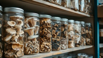 Dried mushrooms stored in jars for preservation. Dry mushrooms in clear glass jar on kitchen