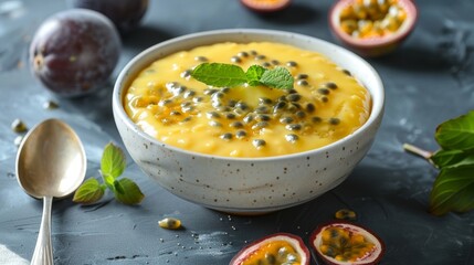 bowl with Fresh Passion Fruit Custard with Mint Garnish