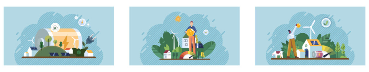 Energy efficiency. Different scenes highlighting renewable energy sources like solar panels, wind turbines, and eco-friendly houses. Ideal for sustainability, renewable energy, green living