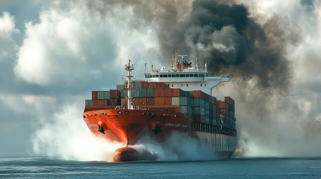 Cargo ship stern emits smoke exhaust from combustion, leading to marine diesel engine exhaust gas emissions. Freight forwarding services are available. Large container vessel stern. 