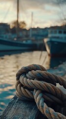 Close-up of a mooring rope tied on a dock with blurred boats in the background, during a calm sunset at a marina.