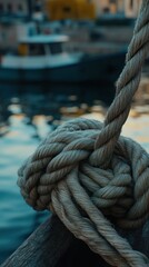 Fototapeta premium Close-up of thick mooring rope tied in a knot on a dock, with a blurred boat in the background at a harbor