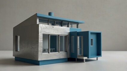 Minimalist silver and blue house model set against white.