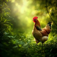 Fototapeta premium A proud rooster stands in a lush green field surrounded by soft light. This captivating image highlights the beauty of nature and farm life. Ideal for agricultural themes and wildlife projects. AI