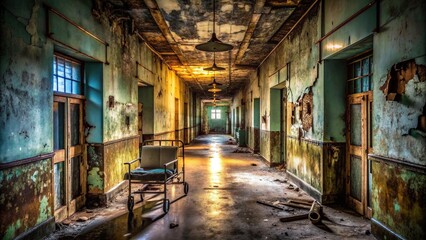 Fototapeta premium Abandoned hospital corridor with peeling paint, rusty medical equipment, and dim flickering fluorescent lights casting eerie shadows, evoking a sense of foreboding and dread.