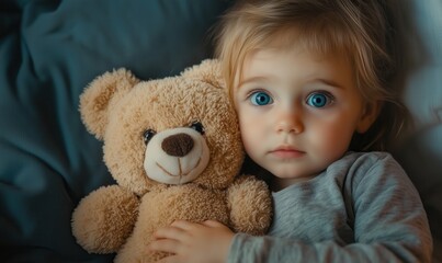 A young girl is holding a teddy bear in her arms. The teddy bear is brown and has a smile on its face. The girl is looking at the camera with a curious expression. Concept of innocence and warmth