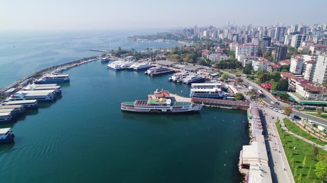 Bostanci District in Kadikoy. Istanbul, Turkey. Beautiful aerial view with drone shot.