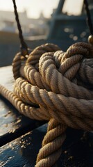 Fototapeta premium Close-up of a thick mooring rope coiled on a wet dock during golden hour, with soft sunlight reflections in the background