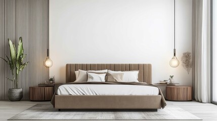 A luxurious modern bedroom features a sleek bed with minimalist décor and soft neutral tones. Large windows allow natural light to fill the space.