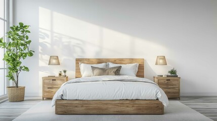 A luxurious modern bedroom features a sleek bed with minimalist d&eacute;cor and soft neutral tones. Large windows allow natural light to fill the space.