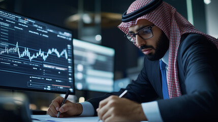 Fototapeta premium Uomo d'affari Arabo fa conti di business e trading