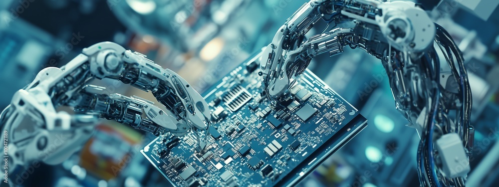 Poster robotic hands assembling a complex circuit board in a high-tech laboratory environment during the da