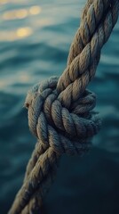 Fototapeta premium Close-up of a thick mooring rope tied in a knot with soft ocean waves in the background at dusk