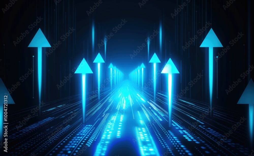 Aufkleber Blue background with a row of arrows pointing upwards. The arrows are all different sizes and are scattered throughout the image. Scene is one of progress and growth