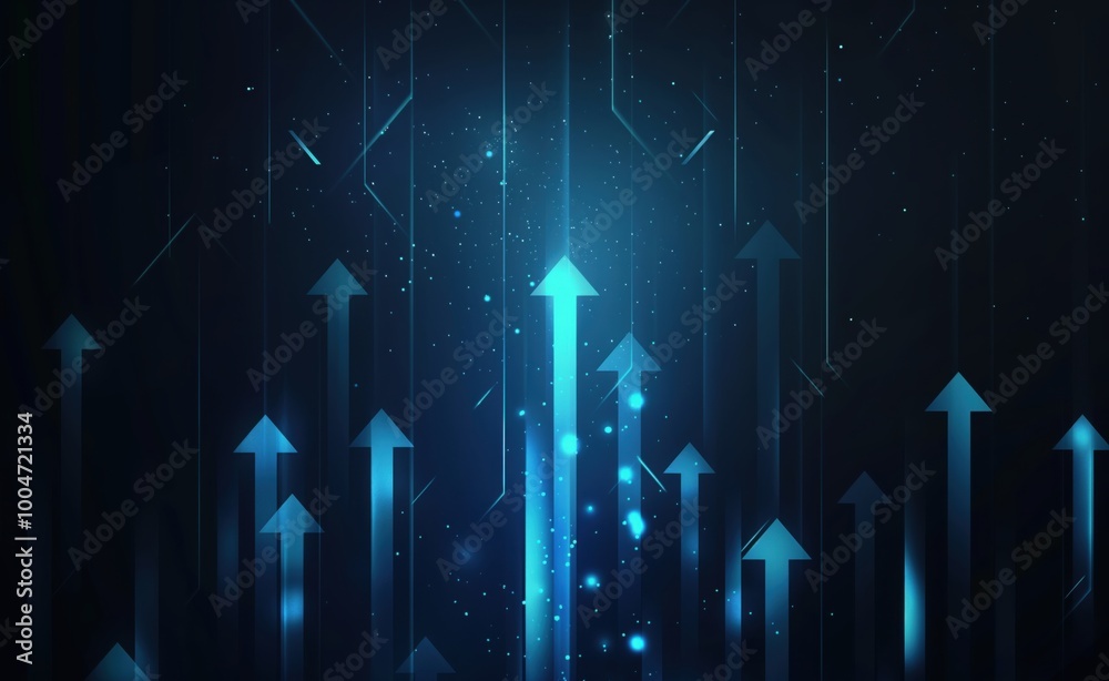 Poster blue background with many arrows pointing upwards. the arrows are in different sizes and are scatter