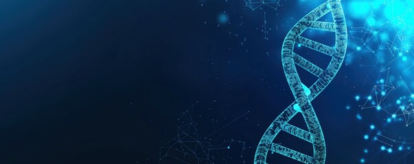 Blue background with a DNA strand in the center. The strand is made up of many smaller strands