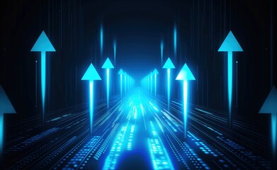 Blue background with a row of arrows pointing upwards. The arrows are all different sizes and are scattered throughout the image. Scene is one of progress and growth