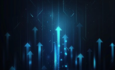 Blue background with many arrows pointing upwards. The arrows are in different sizes and are scattered throughout the image. Scene is one of growth and progress