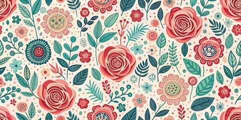 Fototapeta premium Seamless pattern, floral hand drawn repeating background in scandinavian modern vector style. Elegant rose flower digital paper, fabric print, wallpaper texture with bright flowers in fun sweet cute