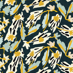 Modern printed fabric wildflower blockprint pattern with linen fabric textures. Stylized hand drawn boho dark florals for decorative design elements in repeatable background tile.