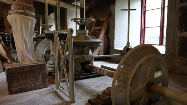 Inside an old retro mill. Still functional. Creating flour. Kvarnvikens kvarn, Stockholm, Sweden. September 2024.