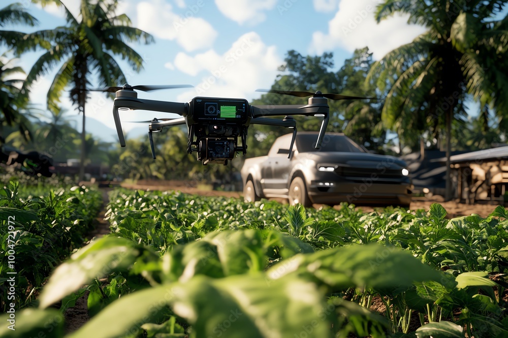 Poster a futuristic farm using tomorrowâ€™s innovations, where drones and ai systems monitor crops, ensurin