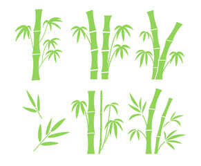 Bamboo trunks segments with branches and leaves set. Flat vector illustration isolated on white background.