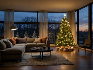 Modern living room with Christmas decorations and a beautifully lit tree.
