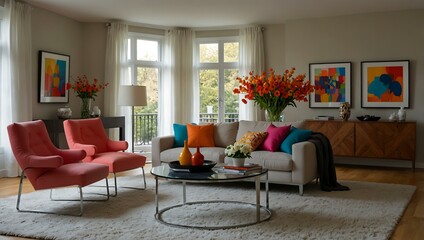 Modern living room with colorful decor and fresh flowers.