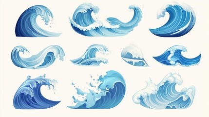 Fototapeta premium Collection of blue wave illustrations. The waves are of various sizes and shapes, with some being more pronounced than others