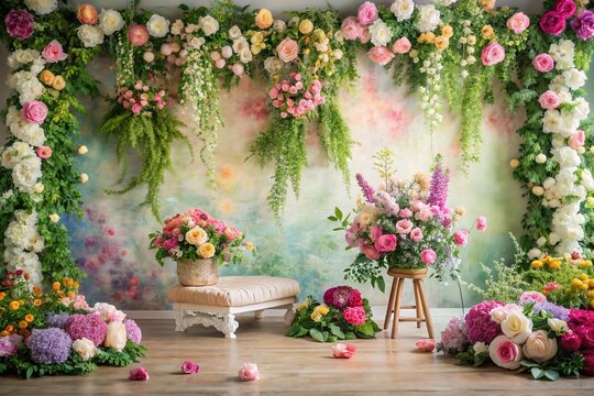 Vibrant blooming flowers, lush greenery, and soft pastel colors create a whimsical spring-inspired background perfect for capturing joyful studio photography moments of children, families, 