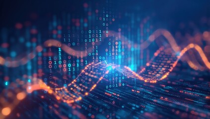Colorful, abstract image of a wave made up of binary code. Concept of movement and energy, as well as the idea of technology and the digital world