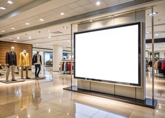 Isolated blank white television screen or digital media white banner on a neutral background, awaiting custom content or advertisement, in a modern department store setting.
