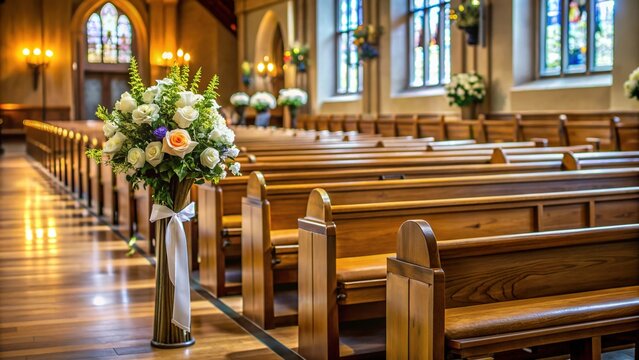 Empty pews and flowers at a somber funeral ceremony, emphasis on the emotional absence of a loved one in a solemn religious institution setting.