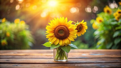 Smiling sunflower bouquet stands alone on a empty wooden table, symbolizing freedom, new beginnings, and joy after a divorce, with warm natural light shining in.