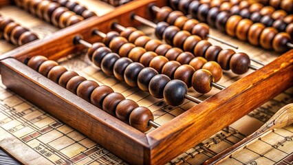 A close-up shot of a vintage wooden abacus with five beads in each row, surrounded by scattered papers with mathematical equations.